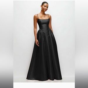 DESSY GROUP SCOOP NECK DROP BASQUE SKIRT SATIN MAXI DRESS WITH POCKETS IN BLACK